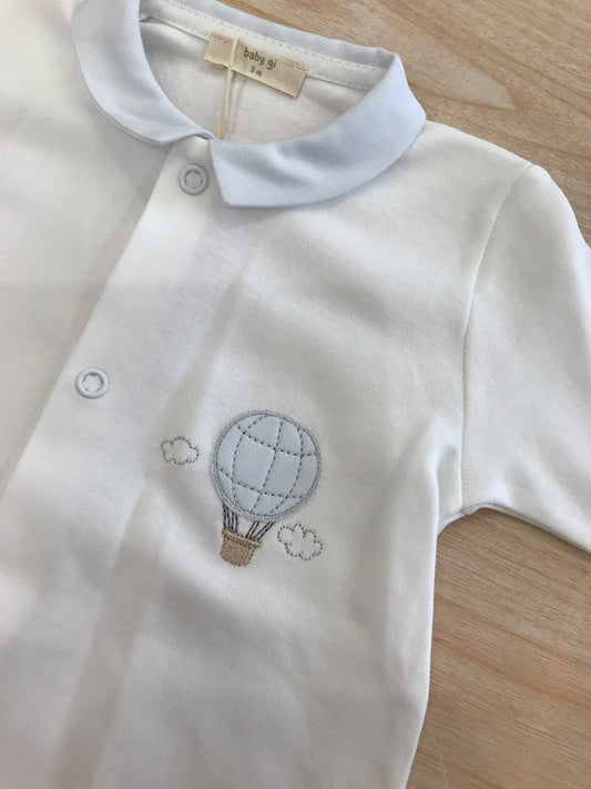Tutina Baby Gi in cotone bianca manica lunga con piedini con mongolfiera laterale