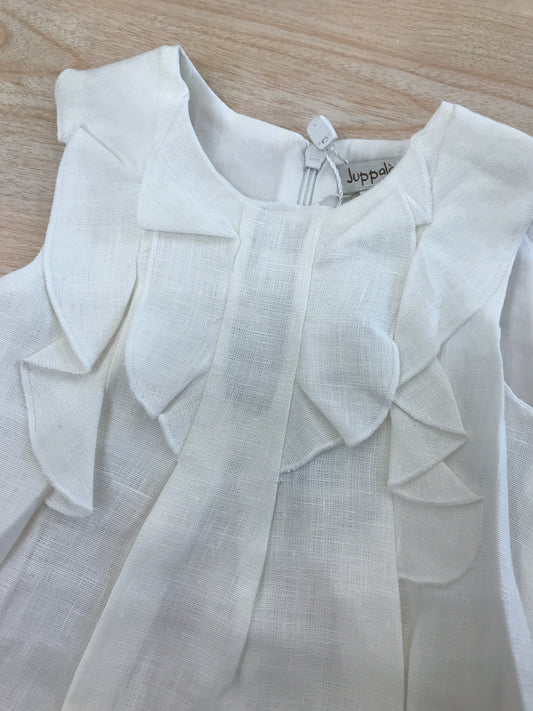Abito Juppolà in lino bianco smanicato con rusche sul davanti e zip sul retro