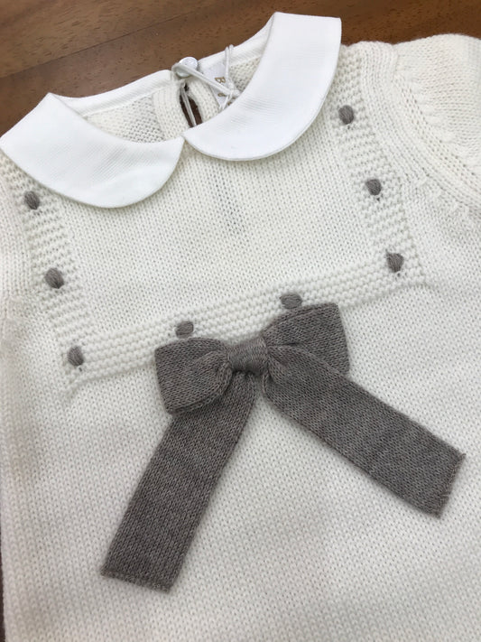 Tutina Baby Lord in lana panna manica lunga con pois e fiocco tortora