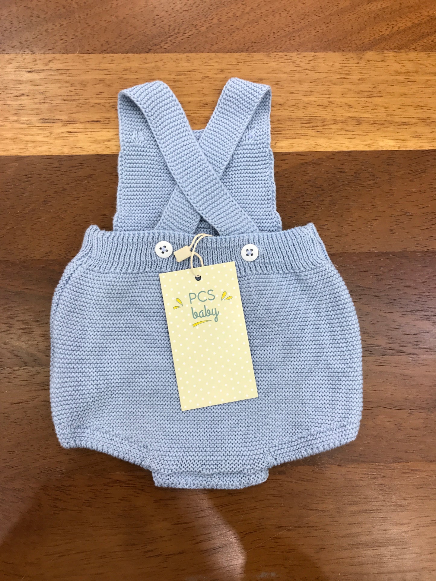 Salopette PCS in filo di cotone celeste con bretelle con lavorazione sul davanti e piccoli pois