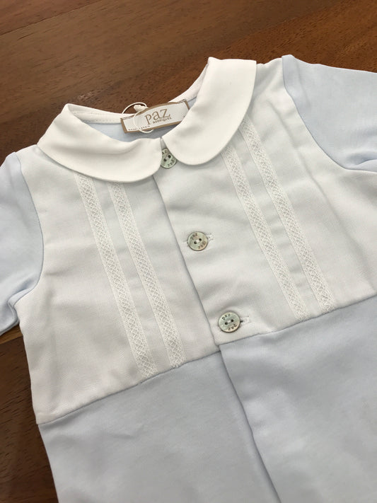 Tutina Paz Rodriguez in cotone celeste manica lunga gamba lunga con piedini collo tondo bianco con dettagli in bianco sul petto