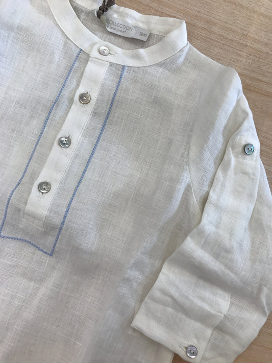 Camicia Laranjinha manica lunga bianca di lino con rifiniture celesti