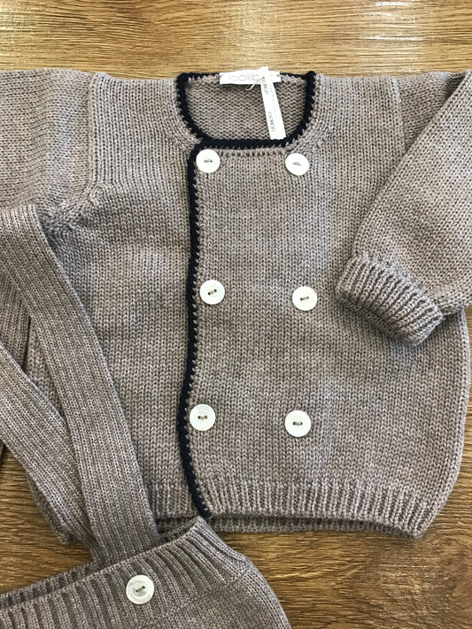 Completo Colibrì in lana due pezzi tortora con punto gambero blu scuro doppio petto e bragottto con bretelle