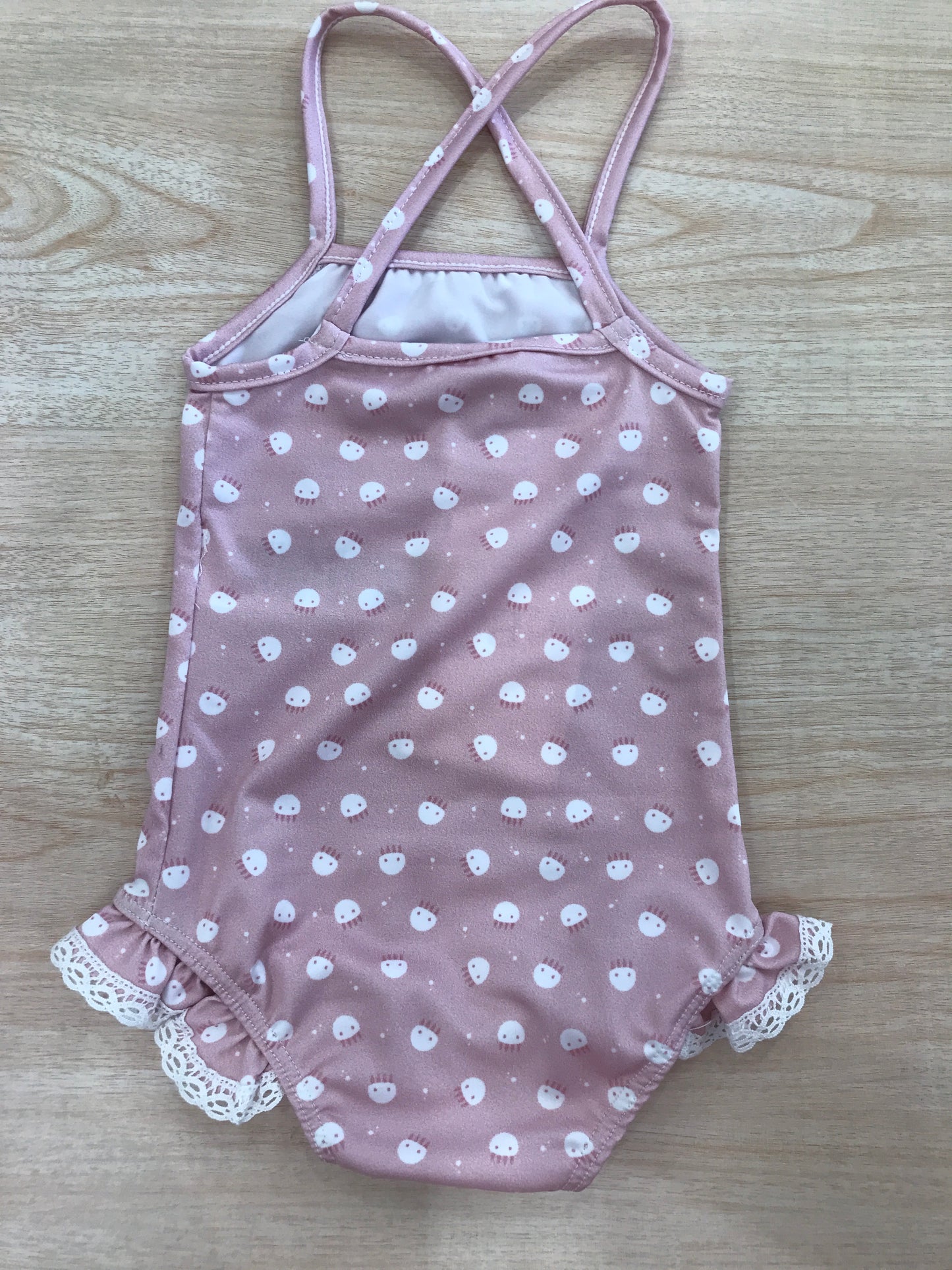 Costume Paz Rodriguez intero con rusche e piccoli animaletti bianchi con bretelle ad incrocio