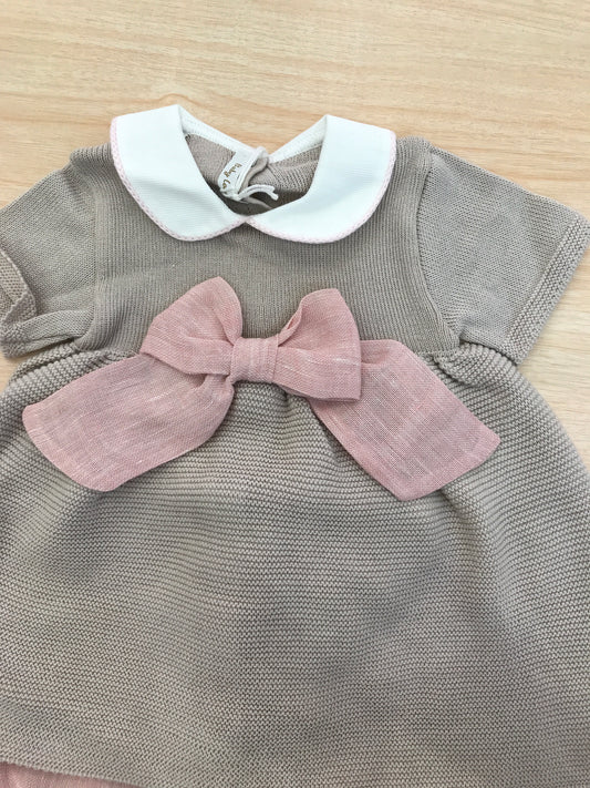 Completo Baby Lord in filo tortora mezza manica con collo tondo con fiocco in lino con culotte in lino rosa antico