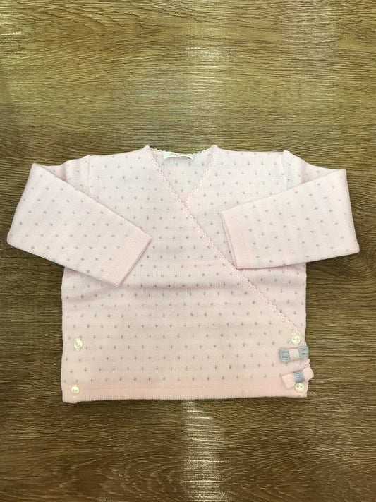 Cardigan Baby Lord in lana rosa ad incrocio con pois grigi e piccoli fiocchetti laterali