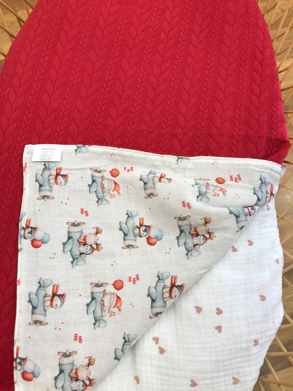 Coperta Nannafrufru in lana con trecce e l'interno con rivestimento in mussola di cotone a fantasia
