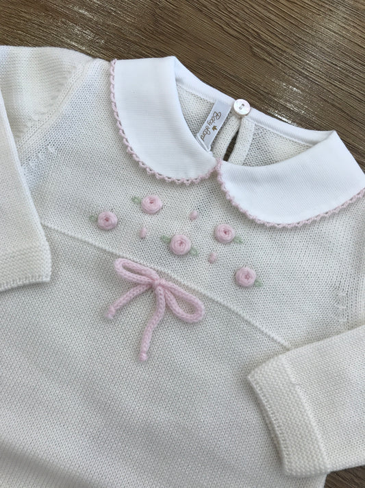 Tutina Baby Lord in lana panna intera con roselline rosa e fiocchetto sul corpetto