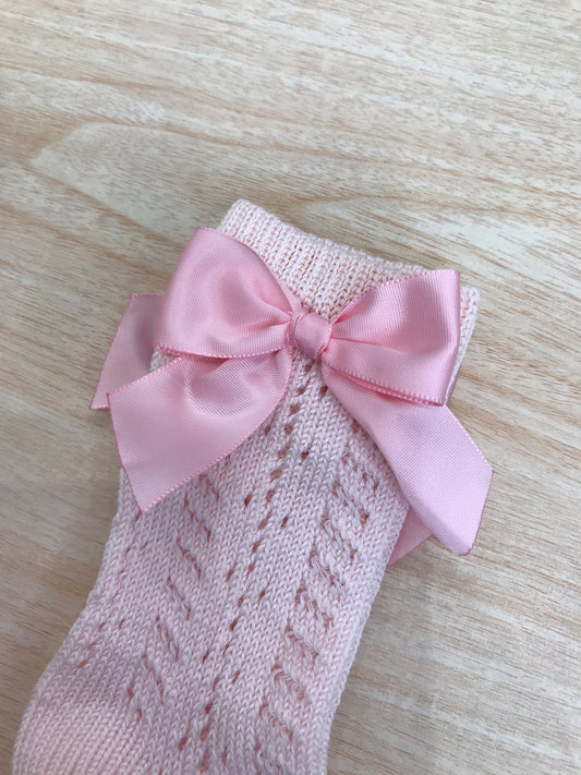 Calzino Story Loris in filo alto traforato rosa con fiocco