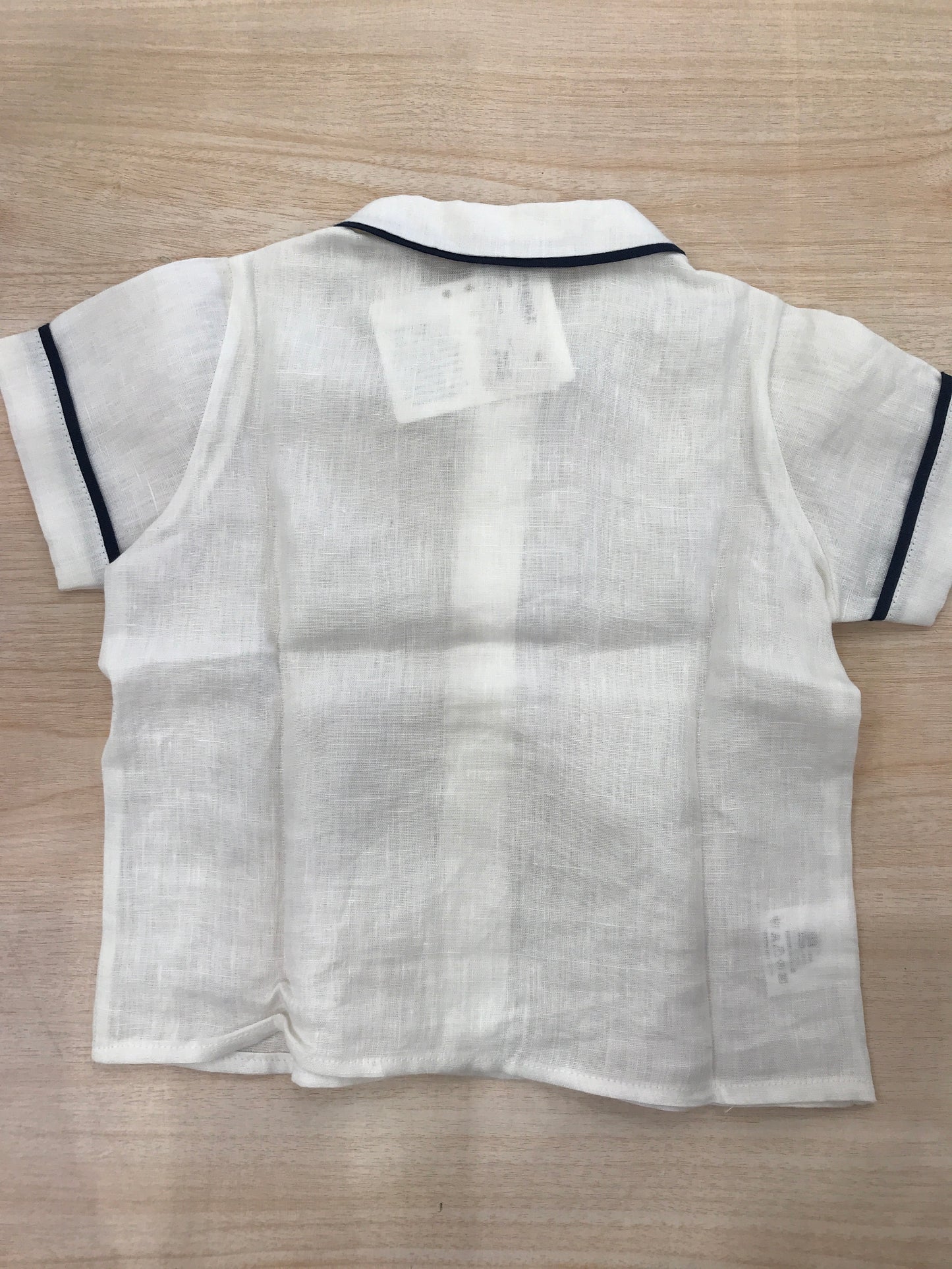 Camicia Colibrì in lino mezza manica con profilo blu scuro anche al colletto