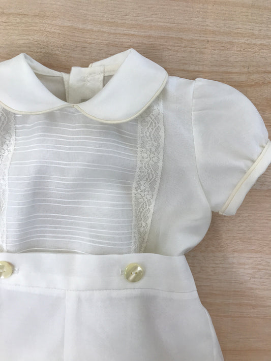 Pagliaccetto Belan in cotone con organza mezza manica a sbuffo con righe sul davanti e ai lati applicazioni in pizzo