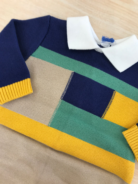 Tutina Colori Chiari in filo manica lunga gamba lunga con decori a quadri tortora gialli verdi blu
