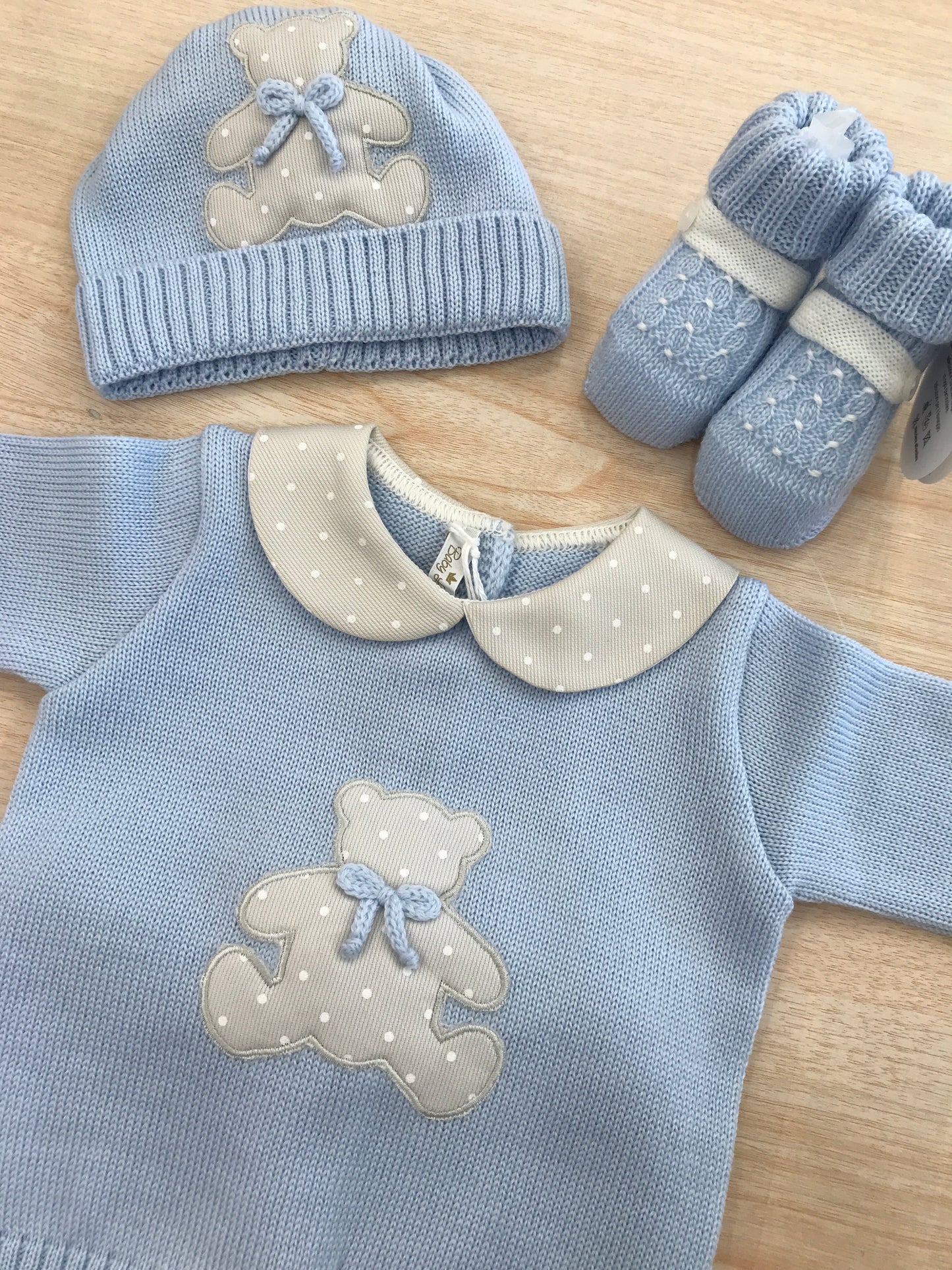 Tutina Baby Lord in lana due pezzi celeste con colletto a pois ed orsetto centrale con pois bianchi