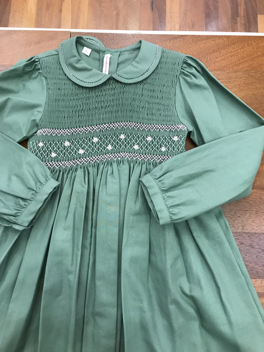 Abitino Les Enfants de Gisele in caldo cotone verde manica lunga collo tondo punto smock e rose rosa ricamate sul corpetto