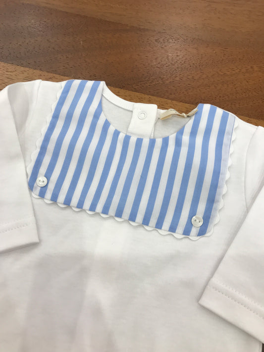 Tutina Baby Gi intera gamba lunga con piedini a righe bianchi e celesti manica lunga con collo finto bavettone a righe