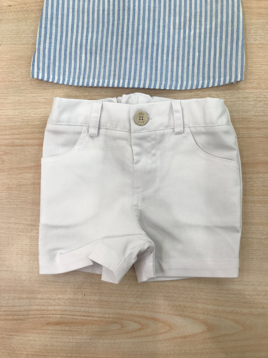 Completo Paz Rodriguez in cotone camicia mezza manica a righe bianche e celesti con pantalone corto bianco