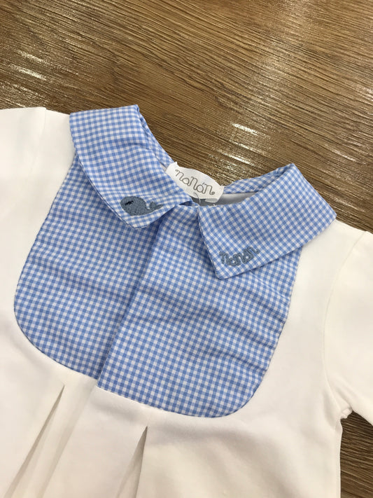 Tutina Nanan intera in caldo cotone con collo camicia a quadretti bianchi e azzurri con balena sul colletto