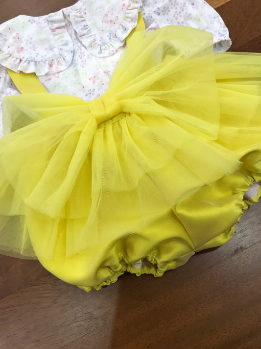 Salopette a'lapage in seta con bretelle con tulle con fiocco sul davanti