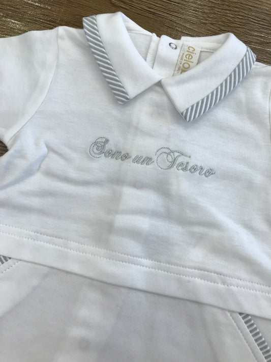 Tutina Cielo Blu in cotone bianca con rifiniture grigie