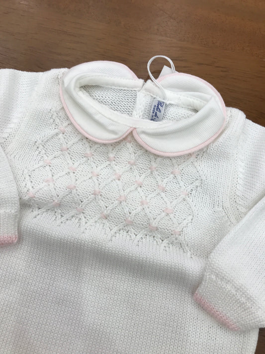 Tutina Bebè di Almy in filo con lavorazione di punto smock rosa con rifiniture in rosa