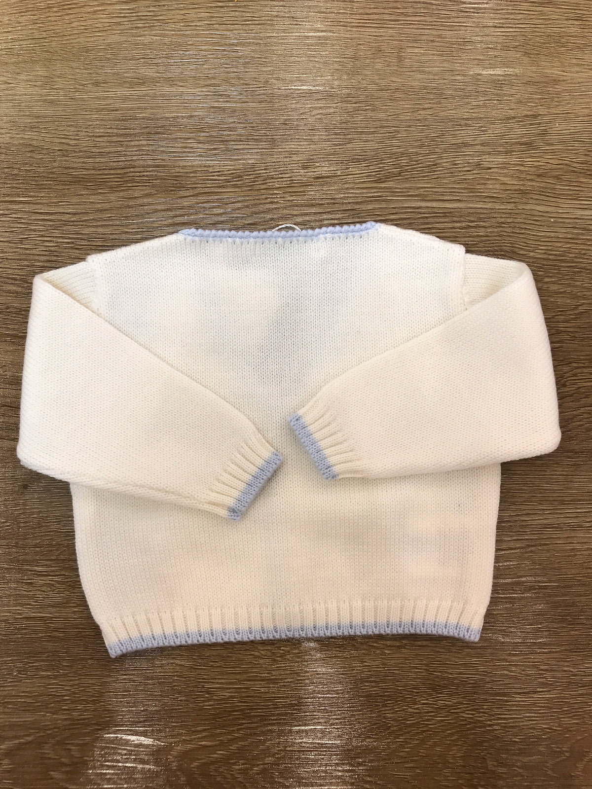 Cardigan Bebè di Almy in lana panna con rifiniture celesti