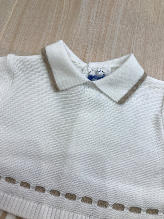 Pagliaccetto Colori Chiari in filo bianco a righe tortora mezza manica con rifiniture tortora
