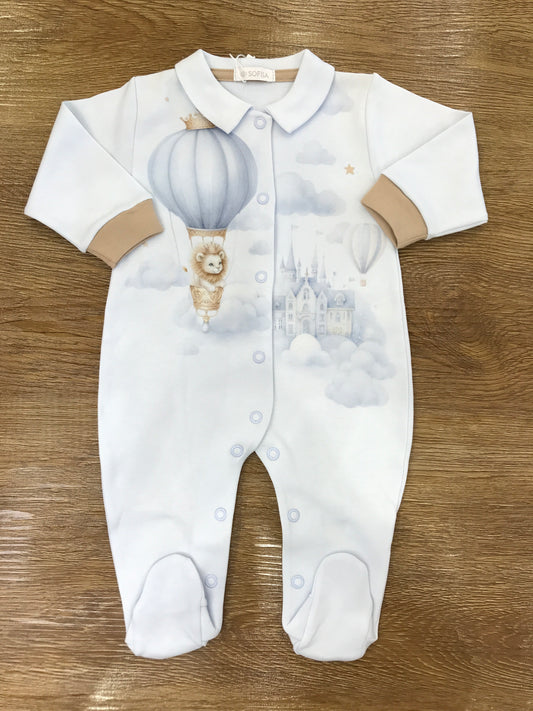 Coordinato Sofija in caldo cotone celeste con mongolfiere e leone mussola con tutina intera e cappello
