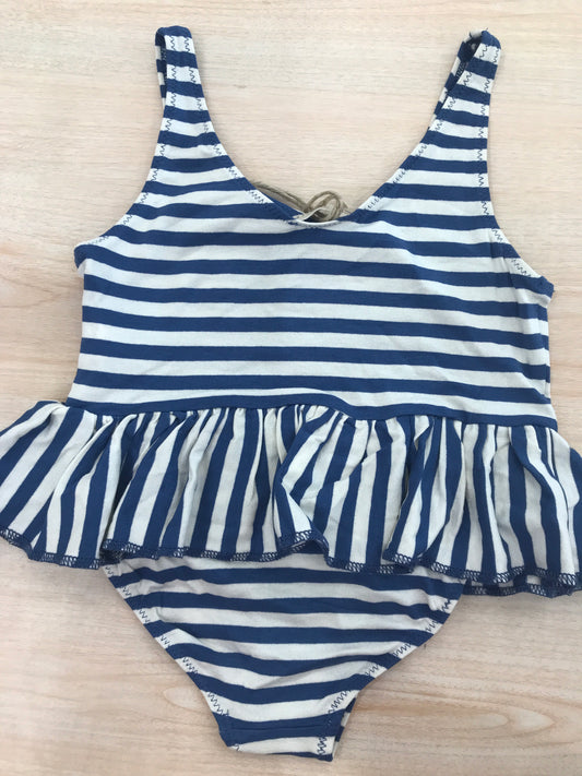 Costume Maperò intero con rusche a righe bianche e blu con bretelle