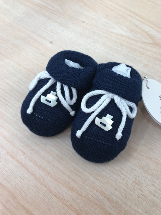 Babbucce Baby Lord in filo blu scuro con fiocchetto bianco e nave applicata sul davanti