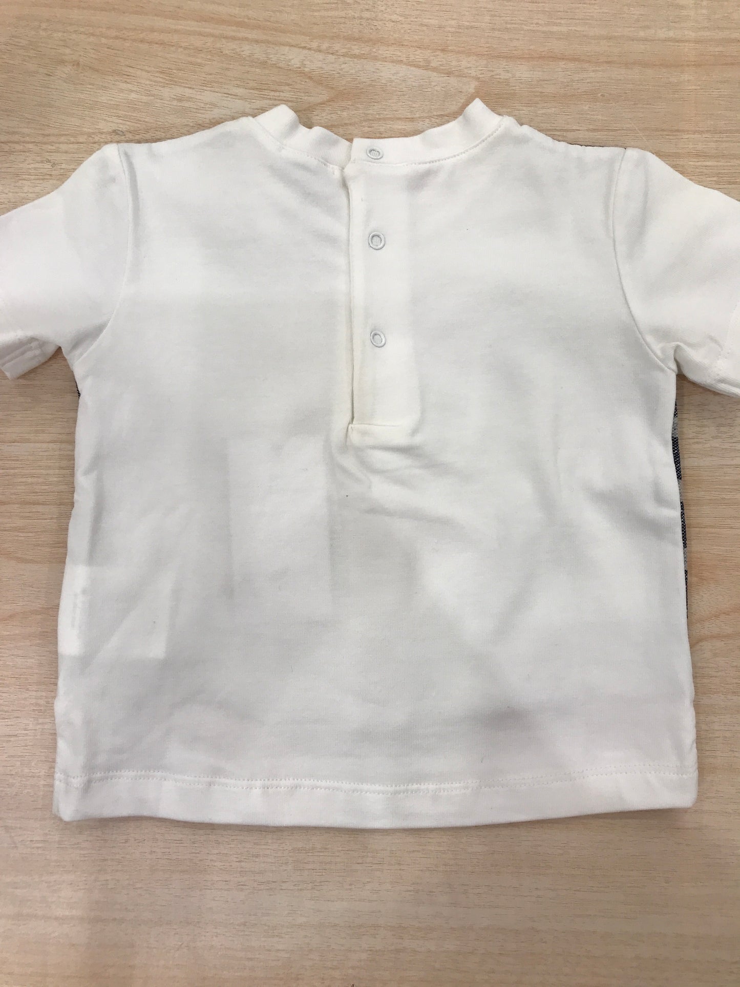 T-shirt Nanan mezza manica bianca in cotone con finto gilet blu e grigio a righe