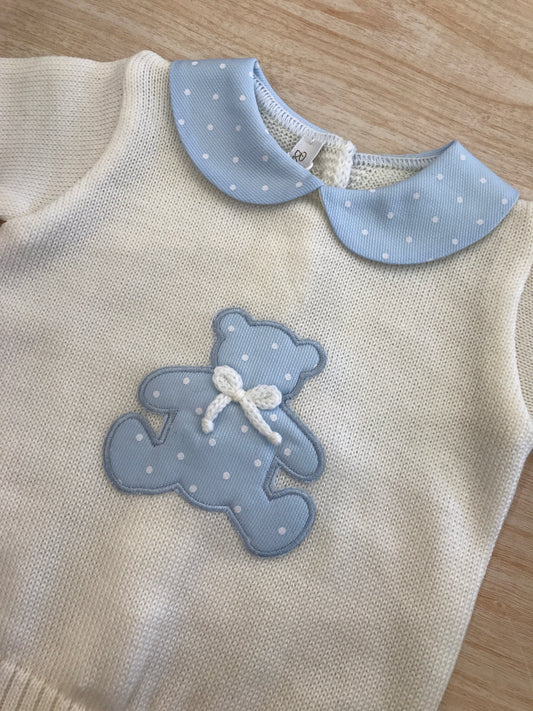 Tutina Baby Lord in lana due pezzi panna con colletto a pois ed orsetto centrale con pois bianchi