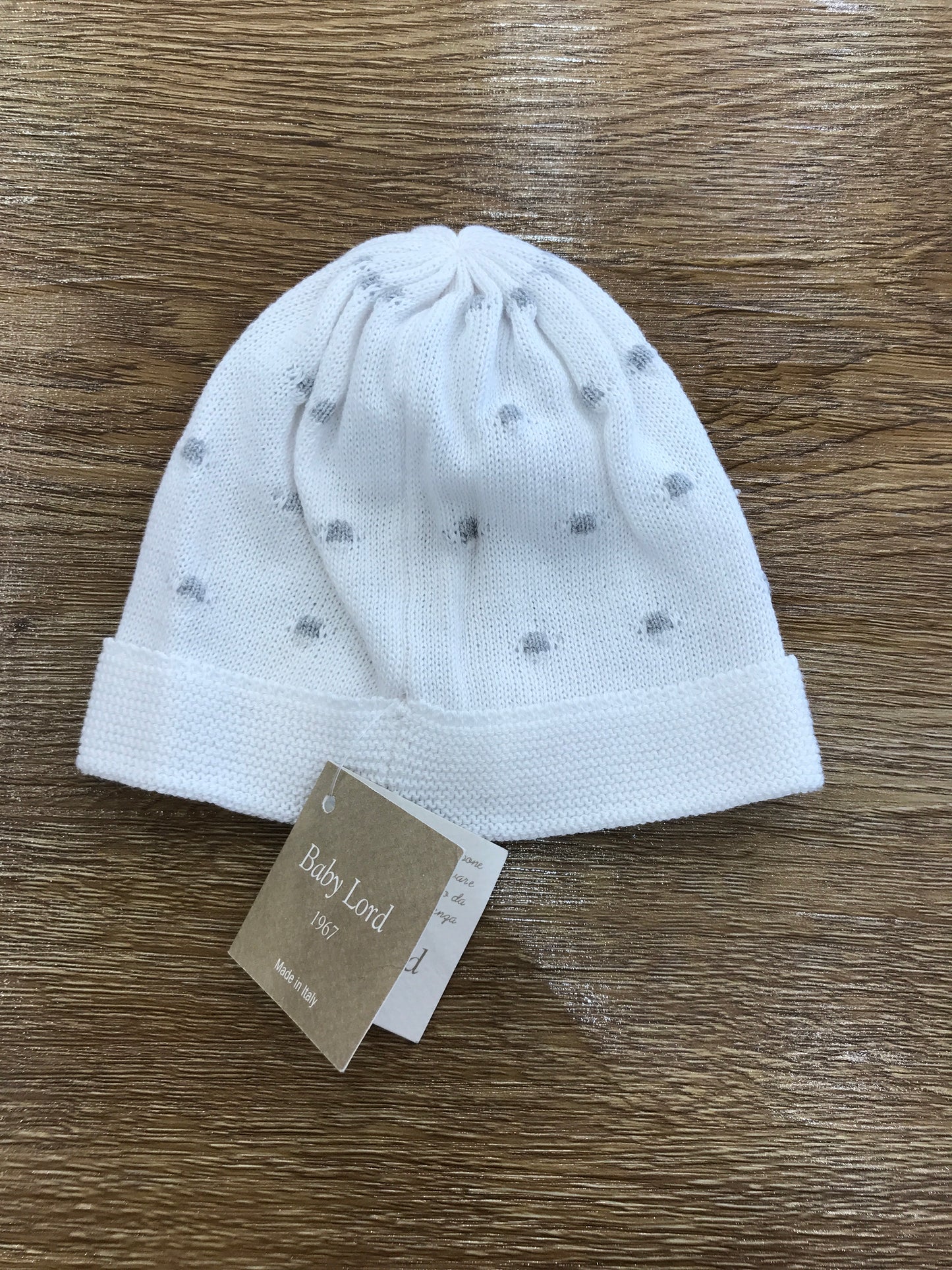 Cappello Baby Lord in filo bianco con pois grigi