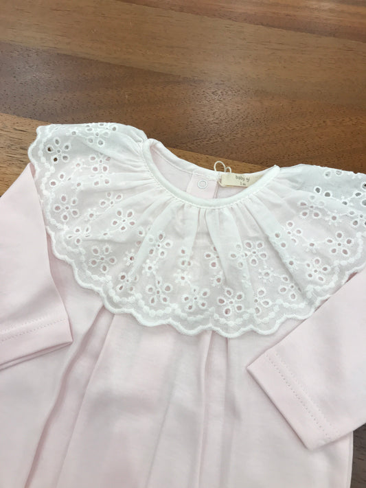 Tutina Baby Gi in cotone manica lunga gamba lunga con collo in san gallo smerlato