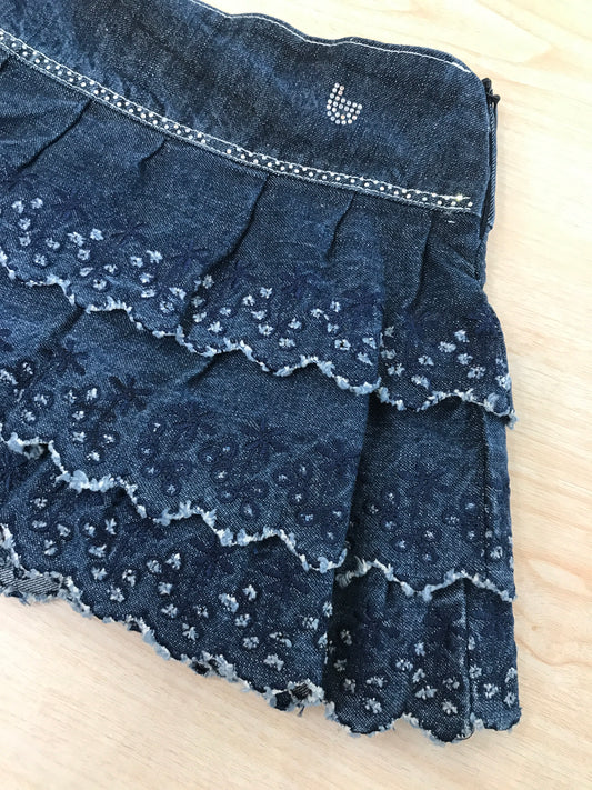 Gonna Byblos in jeans con doppia balza traforata e smerlata con zip laterale