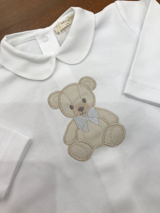Tutina Baby Gi bianca in cotone manica lunga manica lunga con orsetto ricamato sul davanti