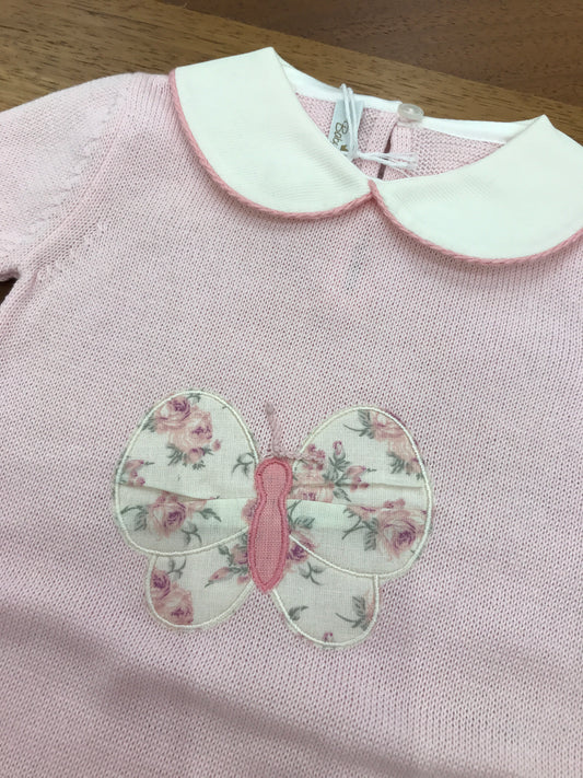Pagliaccetto Baby Lord in filo rosa con collo tondo mezza manica con farfalla centrale