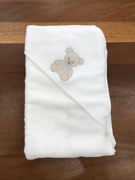 Telo Bagnetto Baby Gi con angolo bianco con orsetto ricamato con fiocco grigio