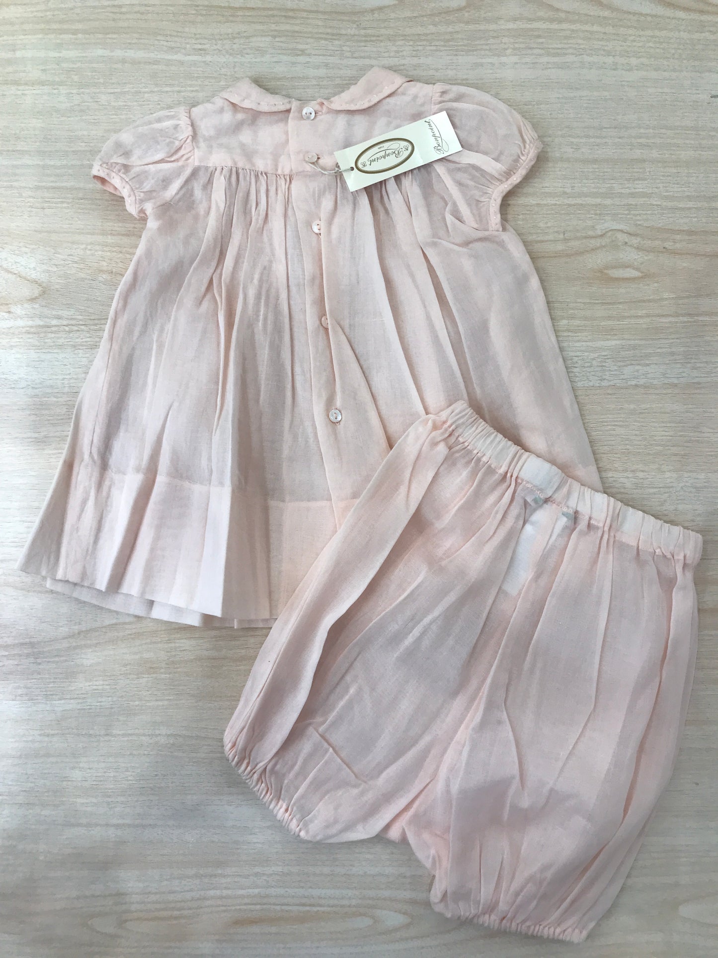 Abito BonPoint in cotone mezza manica a sbuffo con corpetto lavorato da puto smock e fiori con culotte abbinata