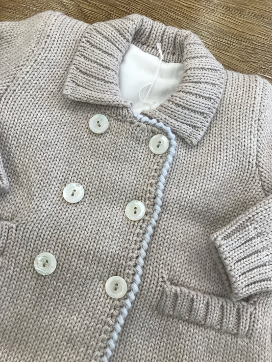 Cappotto colibrì in lana foderato tortora con punto gambero celeste con taschine e bottoncini doppiopetto