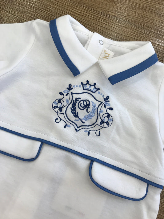 Tutina Cielo Blu in cotone intera bianca rifinita con dettagli bluette con disegno centrale