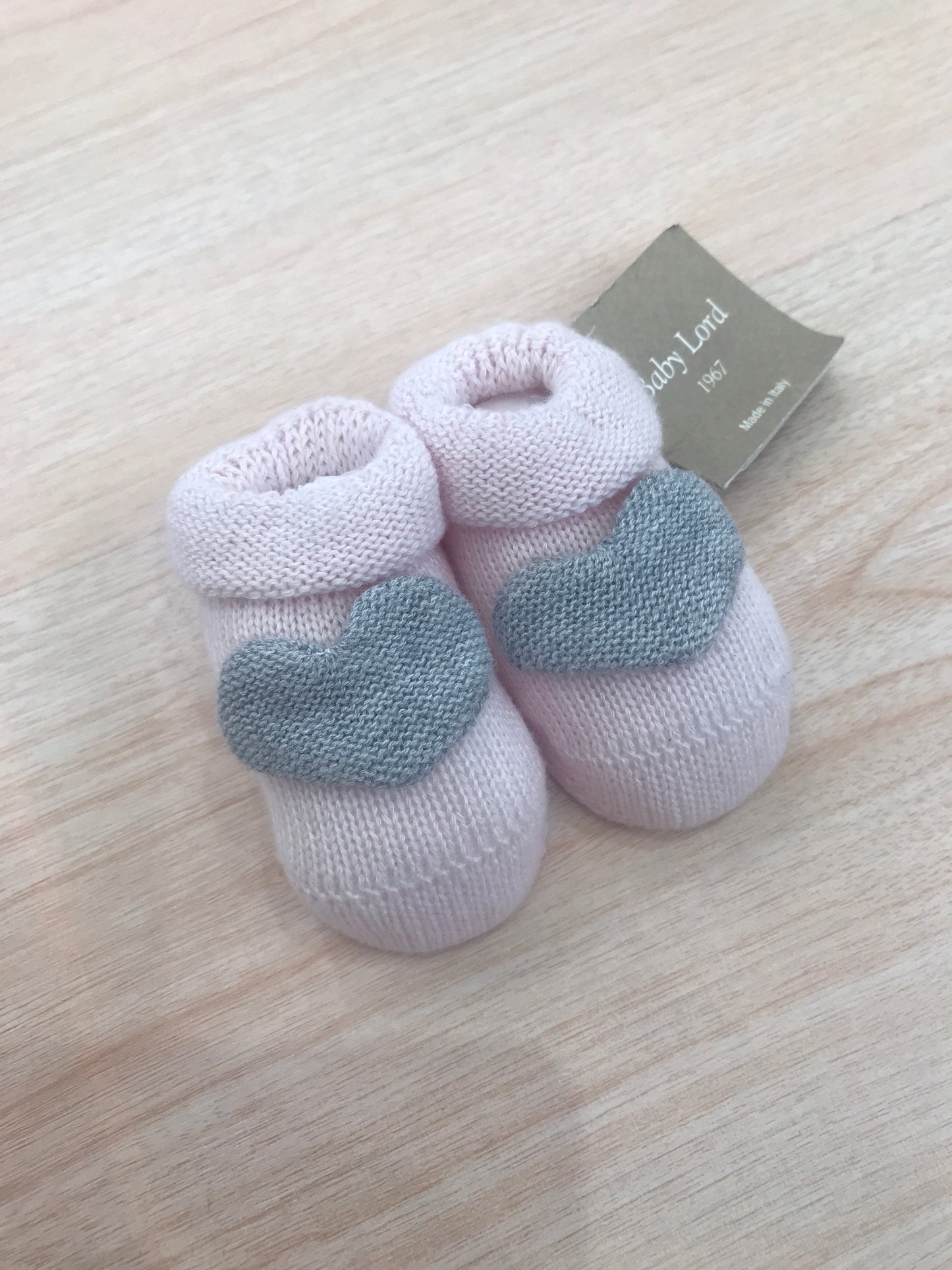 Babbucce Baby Lord in filo rosa con cuori grigi
