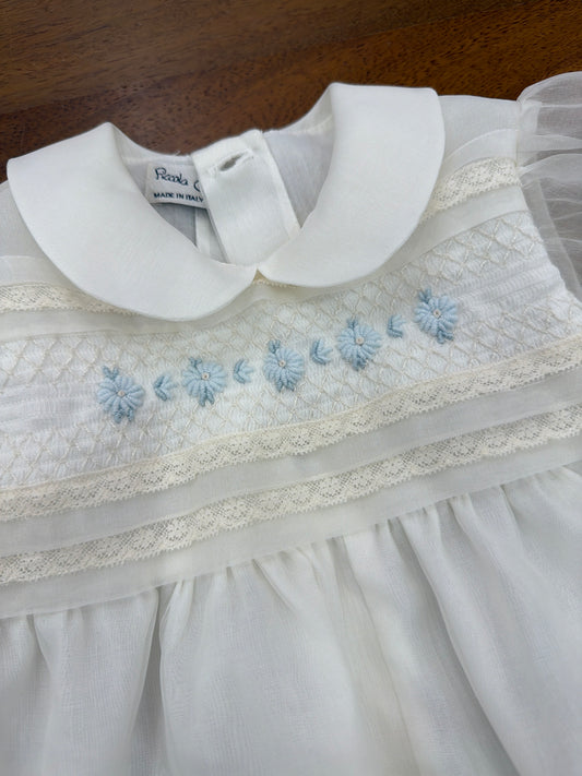 Pagliaccetto Piccola Giuggiola in organza in seta panna manichetta sbuffo con pizzo e e ricami a mano sul corpetto