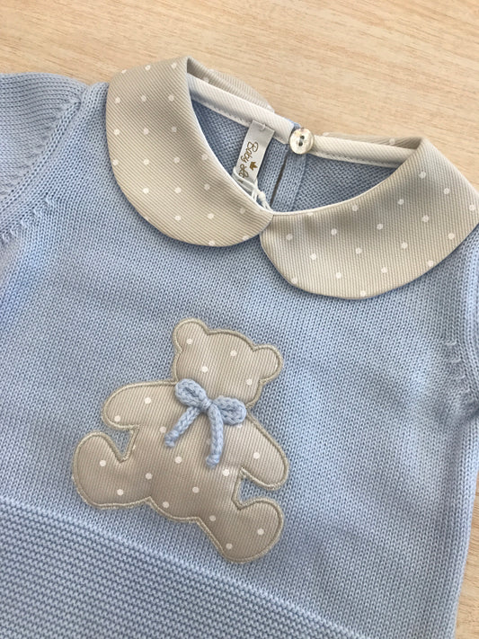 Tutina Baby Lord in lana celeste intera con colletto tortora e pois bianchi ed orsetto centrale