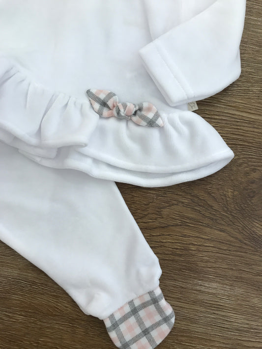 Tutina Baby Gi in ciniglia due pezzi con piedini e dettagli a quadretti con piccolo fiocchetto