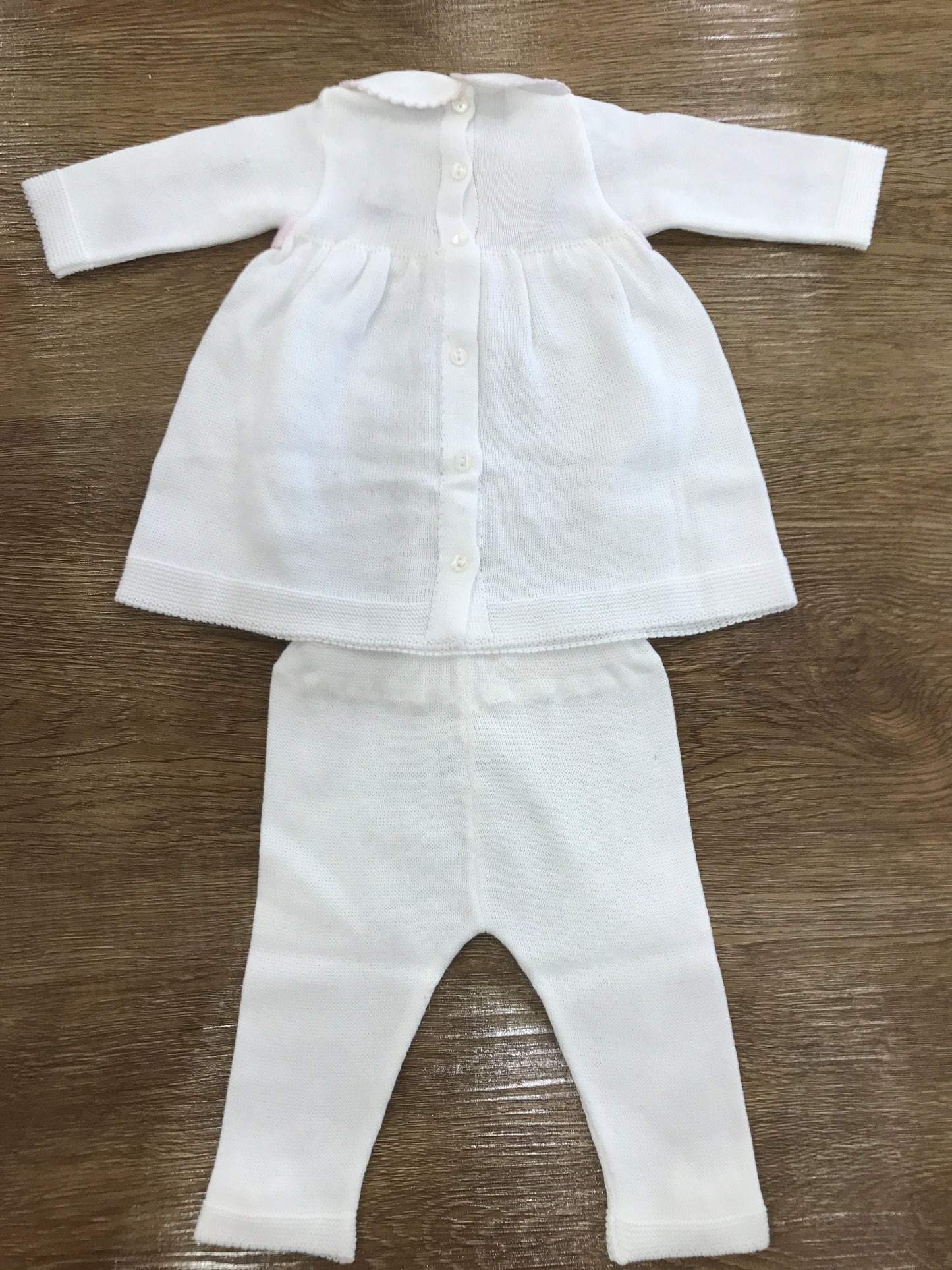 Completo Baby Lord in filo bianco con fiocchetti rosa due pezzi