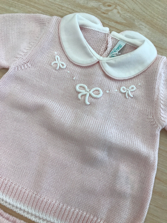 Tutina Bebè di Almy in filo due pezzi manica lunga gamba lunga con piccoli fiocchetti in rilievo bianchi