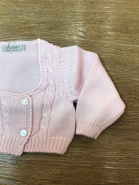 Cardigan Le Dodò in lana rosa con lavorazione di trecce e chiusura doppiopetto