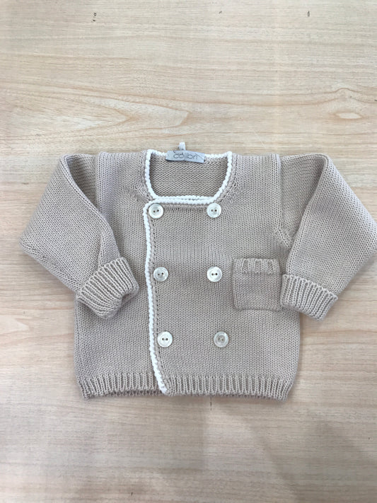 Cardigan Colibrì in filo tortora manica lunga con rifiniture bianche doppiopetto con taschino laterale