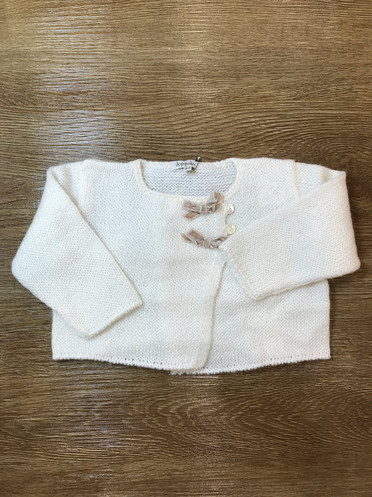 Cardigan Juppolà in lana panna con piccoli fiocchetti in velluto applicati vicino ai bottoncini