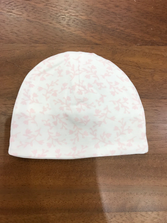 Cappello Le Bebè in cotone bianco con fiori rosa e fiocco centrale bianco sul davanti
